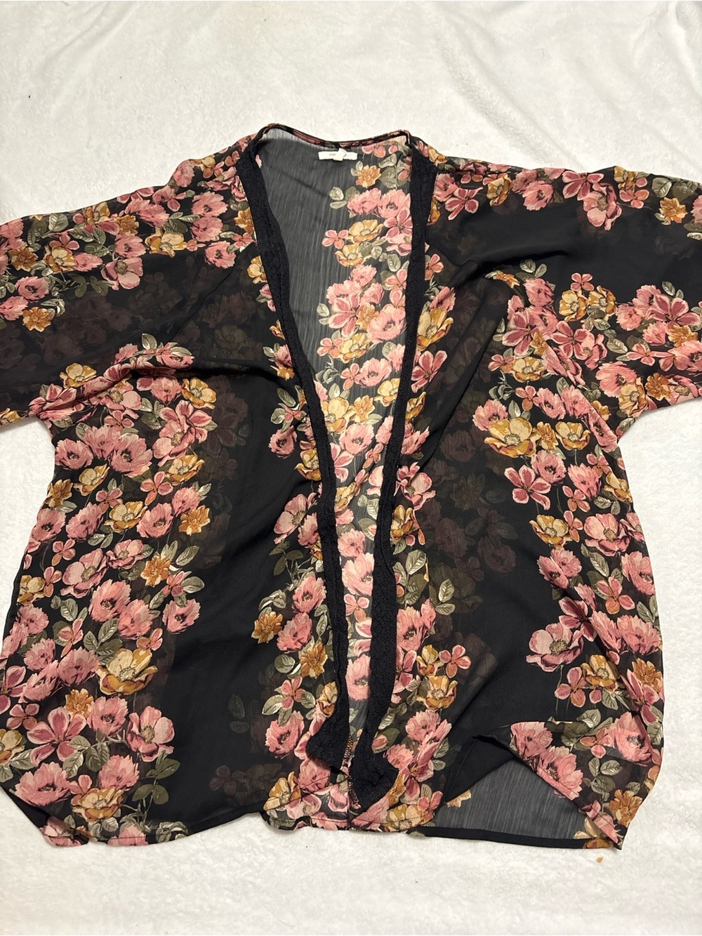 Maurices Black Sheer Floral Kimono Cardigan with Pink & Gold Flowers